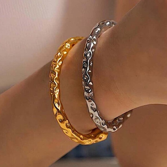 Stainless Steel Contour Bracelet, Irregular Hammered Bangle Cuff, Anniversary - Picture 5 of 8
